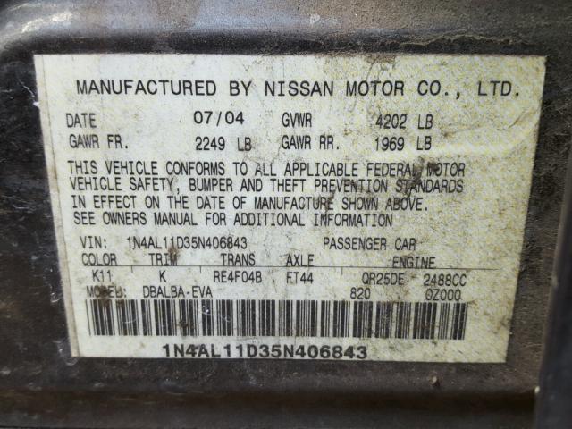 1N4AL11D35N406843 - 2005 NISSAN ALTIMA S GRAY photo 10