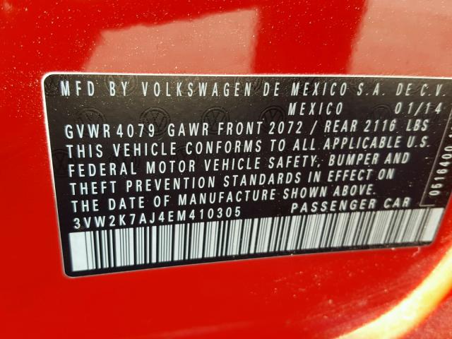 3VW2K7AJ4EM410305 - 2014 VOLKSWAGEN JETTA BASE 红色 照片 10