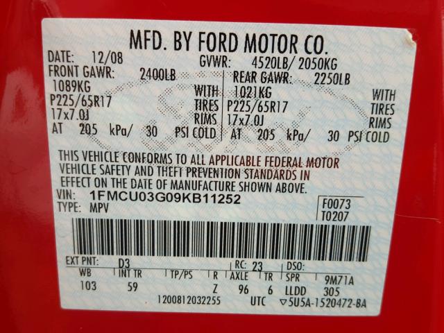 1FMCU03G09KB11252 - 2009 FORD ESCAPE XLT RED photo 10