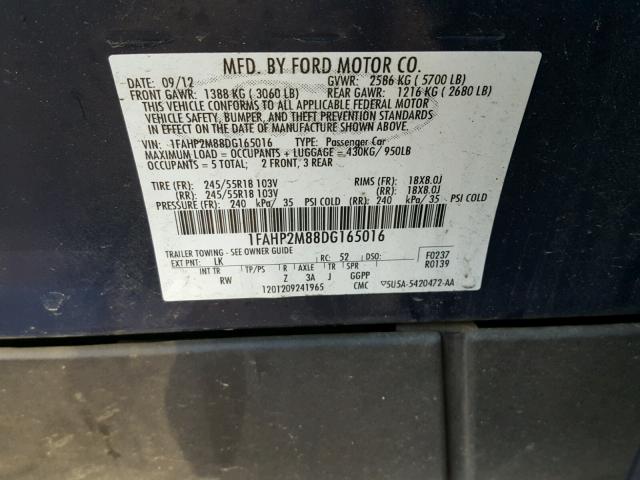 1FAHP2M88DG165016 - 2013 FORD TAURUS POL BLUE photo 10