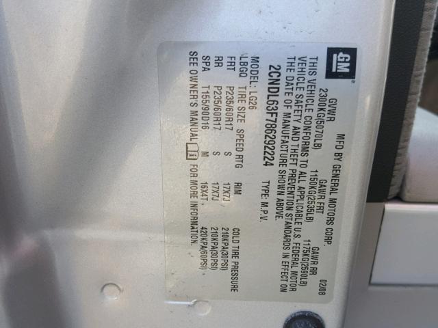 2CNDL63F786292224 - 2008 CHEVROLET EQUINOX LT SILVER photo 10