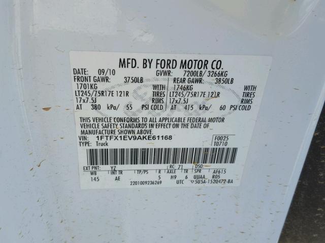 1FTFX1EV9AKE61168 - 2010 FORD F150 SUPER WHITE photo 10