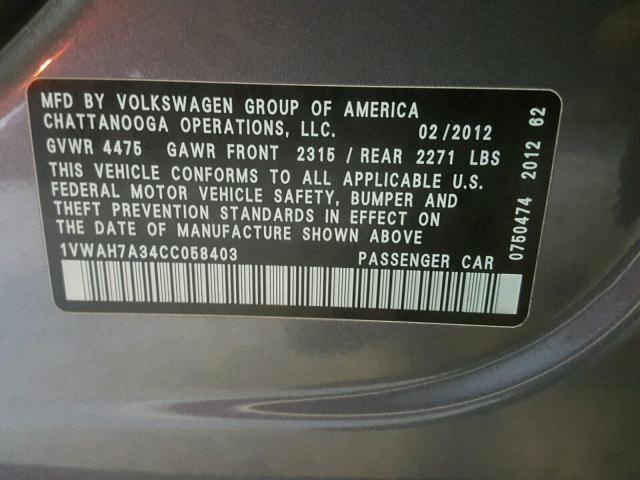 1VWAH7A34CC058403 - 2012 VOLKSWAGEN PASSAT S GRAY photo 10