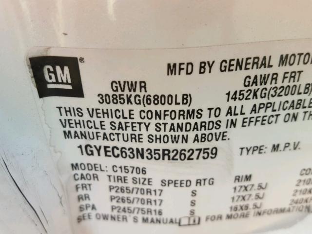 1GYEC63N35R262759 - 2005 CADILLAC ESCALADE L WHITE photo 10