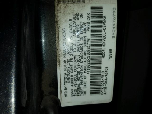 4T1BG22K51U821776 - 2001 TOYOTA CAMRY CE GRAY photo 10