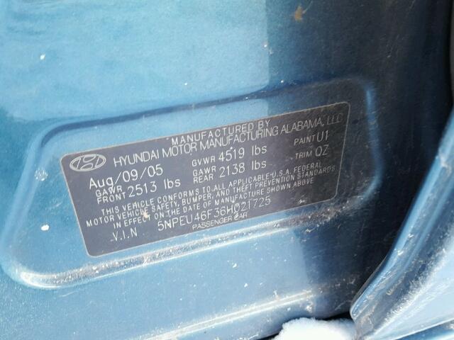 5NPEU46F36H021725 - 2006 HYUNDAI SONATA GLS BLUE photo 10