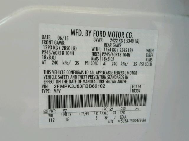 2FMPK3J83FBB60102 - 2015 FORD EDGE SEL WHITE photo 10