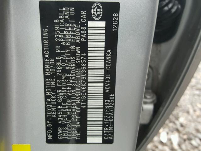 4T1BE46K79U368574 - 2009 TOYOTA CAMRY BASE SILVER photo 10