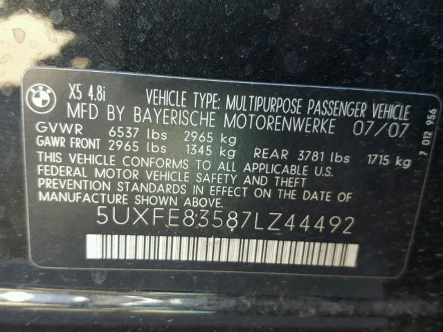 5UXFE83587LZ44492 - 2007 BMW X5 4.8I BLACK photo 10