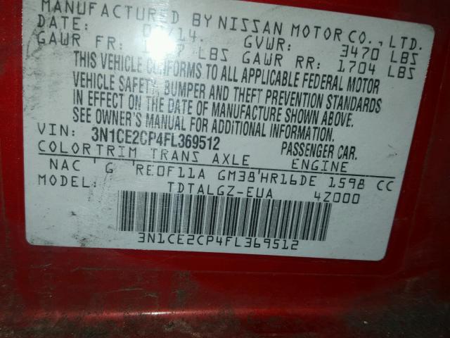 3N1CE2CP4FL369512 - 2015 NISSAN VERSA NOTE RED photo 10