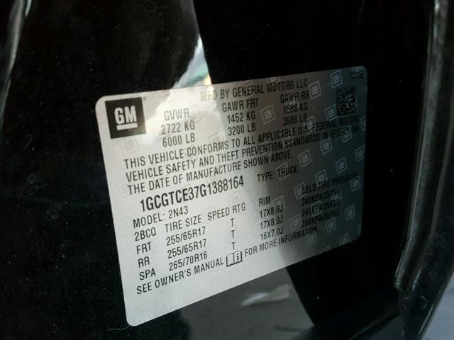 1GCGTCE37G1388164 - 2016 CHEVROLET COLORADO L BLACK photo 10
