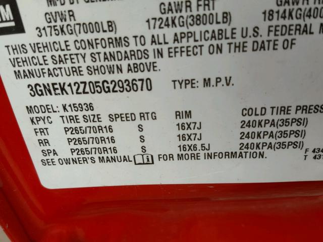 3GNEK12Z05G293670 - 2005 CHEVROLET AVALANCHE RED photo 10