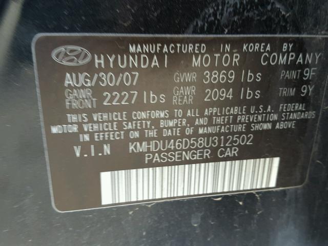 KMHDU46D58U312502 - 2008 HYUNDAI ELANTRA GL BLACK photo 10