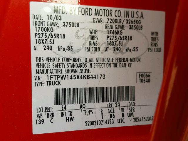 1FTPW145X4KB44173 - 2004 FORD F150 SUPER RED photo 10