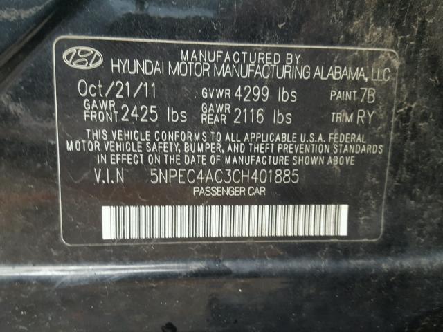 5NPEC4AC3CH401885 - 2012 HYUNDAI SONATA SE BLACK photo 10