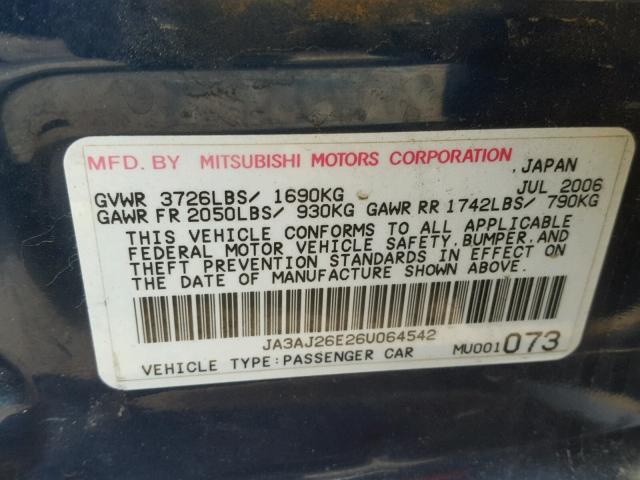 JA3AJ26E26U064542 - 2006 MITSUBISHI LANCER ES BLUE photo 10