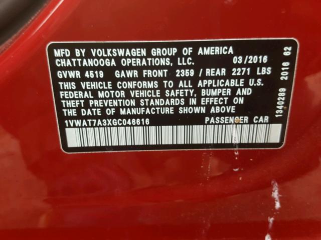 1VWAT7A3XGC046616 - 2016 VOLKSWAGEN PASSAT RED photo 10