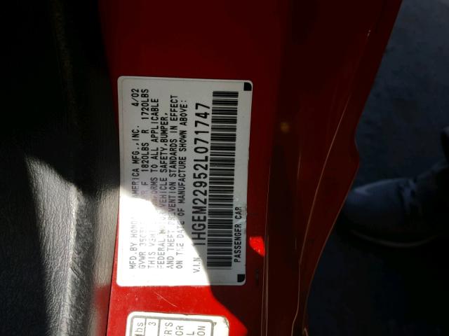 1HGEM22952L071747 - 2002 HONDA CIVIC EX წითელი ფოტო 10