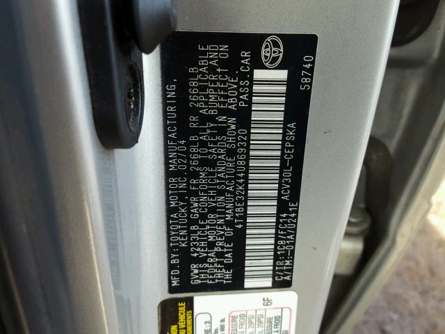 4T1BE32K44U869320 - 2004 TOYOTA CAMRY LE SILVER photo 10