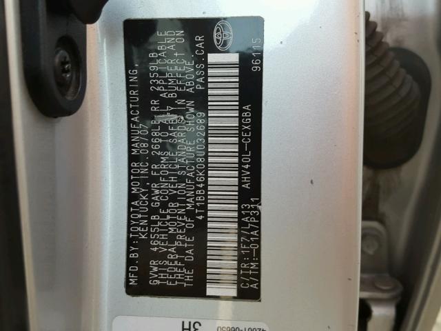 4T1BB46K08U032689 - 2008 TOYOTA CAMRY HYBR SILVER photo 10