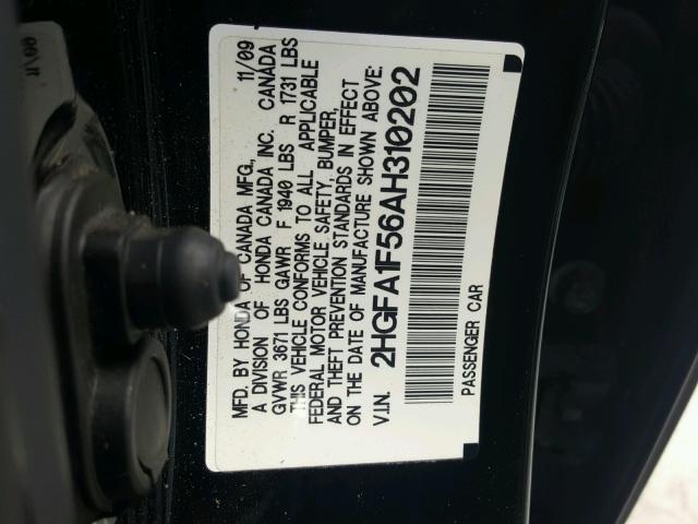 2HGFA1F56AH310202 - 2010 HONDA CIVIC LX BLACK photo 10