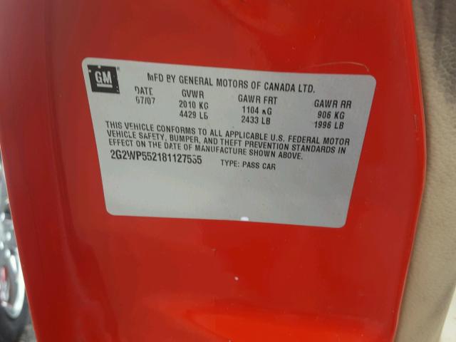2G2WP552181127535 - 2008 PONTIAC GRAND PRIX RED photo 10