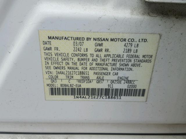 1N4AL21E27C188651 - 2007 NISSAN ALTIMA 2.5 WHITE photo 10