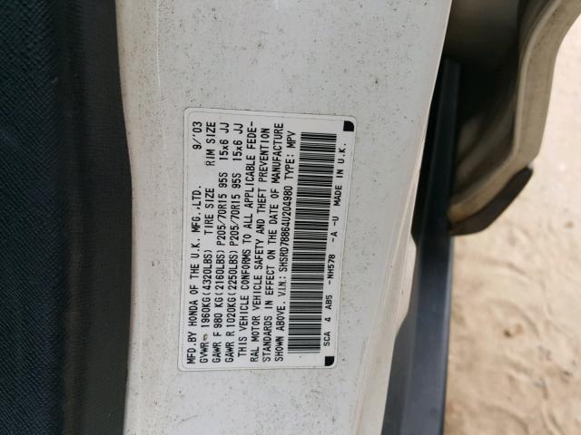 SHSRD78864U204980 - 2004 HONDA CR-V EX WHITE photo 10