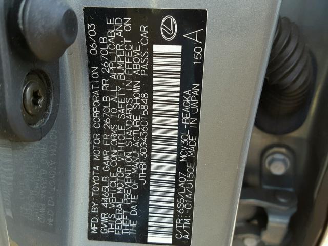 JTHBF30G436015848 - 2003 LEXUS ES 300 GRAY photo 10