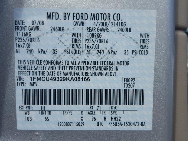 1FMCU49329KA08166 - 2009 FORD ESCAPE HYB SILVER photo 10