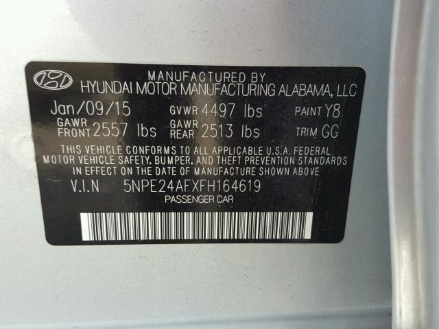 5NPE24AFXFH164619 - 2015 HYUNDAI SONATA SE SILVER photo 10