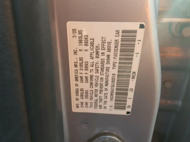 1HGCM56415A180519 - 2005 HONDA ACCORD LX SILVER photo 10