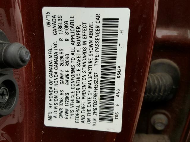 2HGFB2F89FH562367 - 2015 HONDA CIVIC EX BURGUNDY photo 10