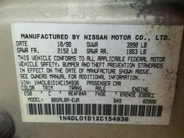 1N4DL01D1XC154936 - 1999 NISSAN ALTIMA XE GOLD photo 10