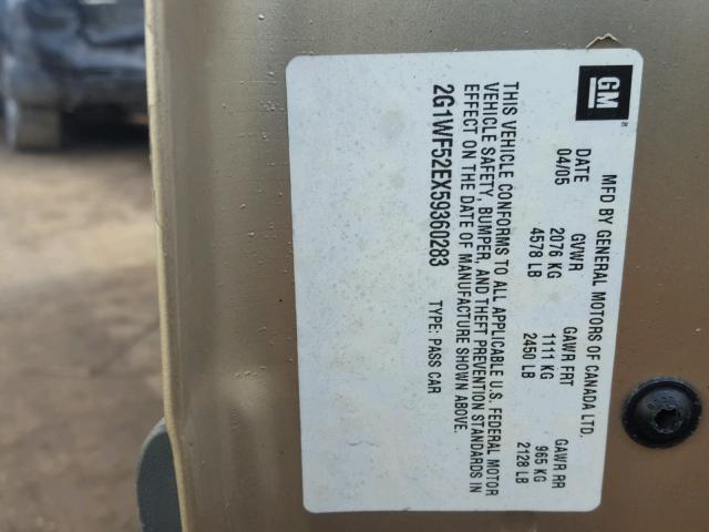 2G1WF52EX59360283 - 2005 CHEVROLET IMPALA BEIGE photo 10