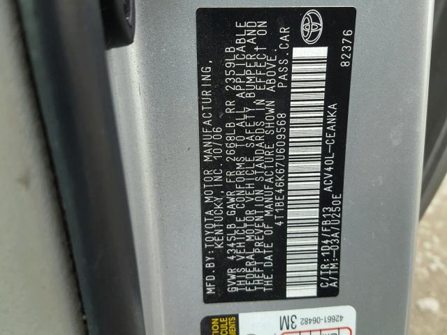 4T1BE46K67U609568 - 2007 TOYOTA CAMRY NEW SILVER photo 10