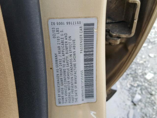 WVWRH63B73P359955 - 2003 VOLKSWAGEN PASSAT GLX GOLD photo 10