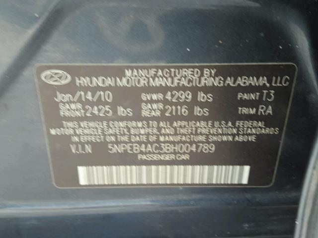 5NPEB4AC3BH004789 - 2011 HYUNDAI SONATA GLS CHARCOAL photo 10