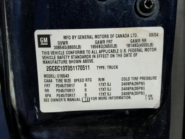 2GCEC13T051170511 - 2005 CHEVROLET SILVERADO BLUE photo 10