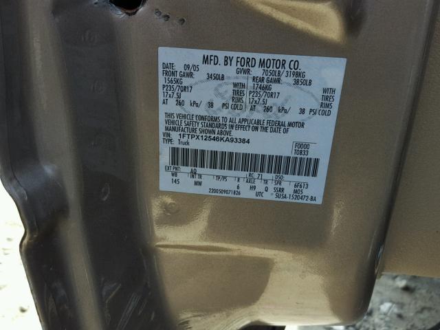 1FTPX12546KA93384 - 2006 FORD F150 棕色 照片 10