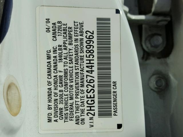 2HGES26744H589962 - 2004 HONDA CIVIC EX თეთრი ფოტო 10