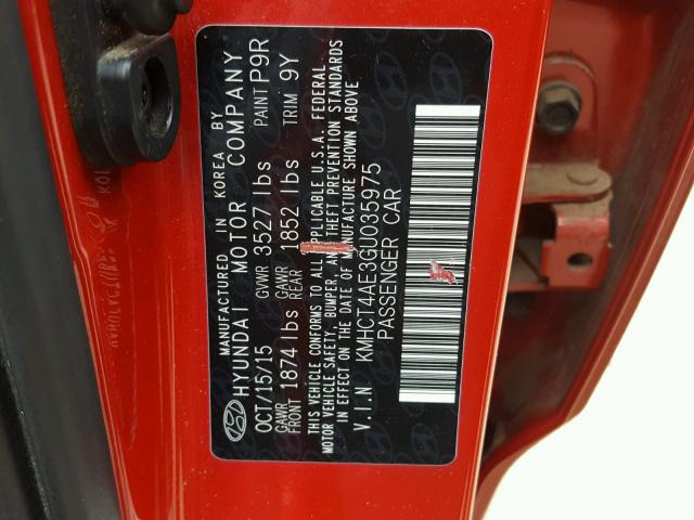 KMHCT4AE3GU035975 - 2016 HYUNDAI ACCENT SE RED photo 10