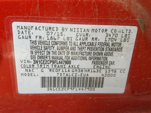 3N1CE2CP9FL447900 - 2015 NISSAN VERSA NOTE RED photo 10