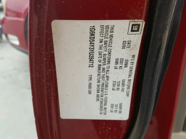 1G6KD54Y3YU284712 - 2000 CADILLAC DEVILLE MAROON photo 10