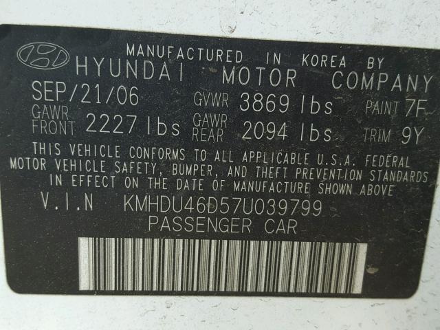 KMHDU46D57U039799 - 2007 HYUNDAI ELANTRA GL WHITE photo 10