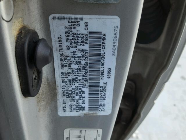4T1BE32K52U043637 - 2002 TOYOTA CAMRY LE GRAY photo 10