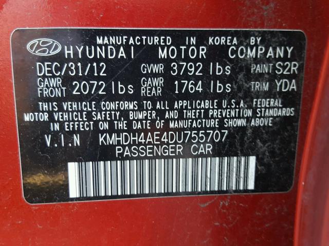 KMHDH4AE4DU755707 - 2013 HYUNDAI ELANTRA GL BURGUNDY photo 10