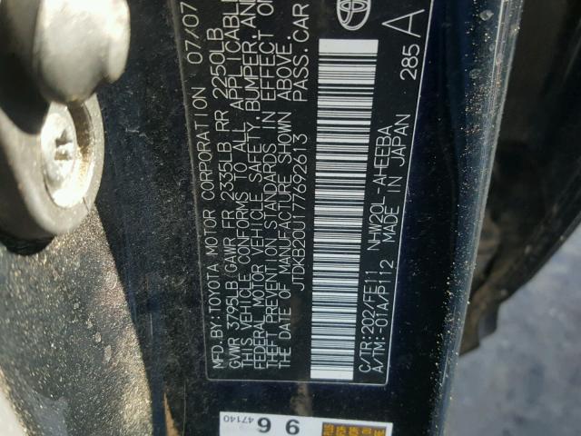 JTDKB20U177692613 - 2007 TOYOTA PRIUS BLACK photo 10