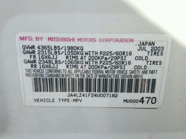 JA4LZ41F24U007182 - 2004 MITSUBISHI OUTLANDER WHITE photo 10