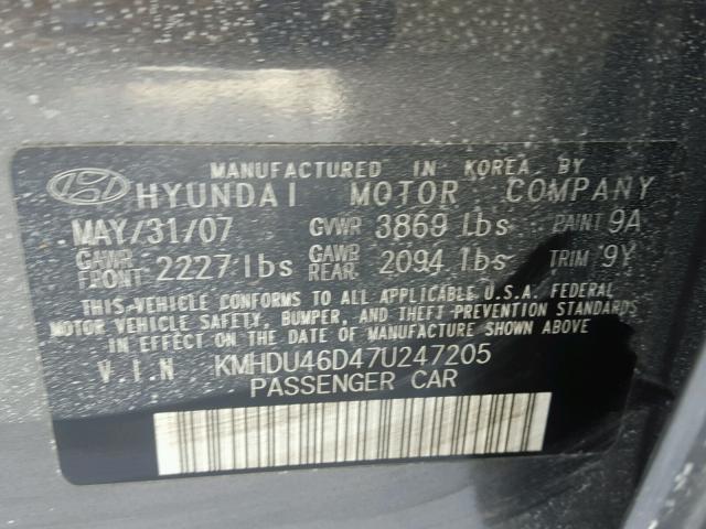 KMHDU46D47U247205 - 2007 HYUNDAI ELANTRA GL GRAY photo 10